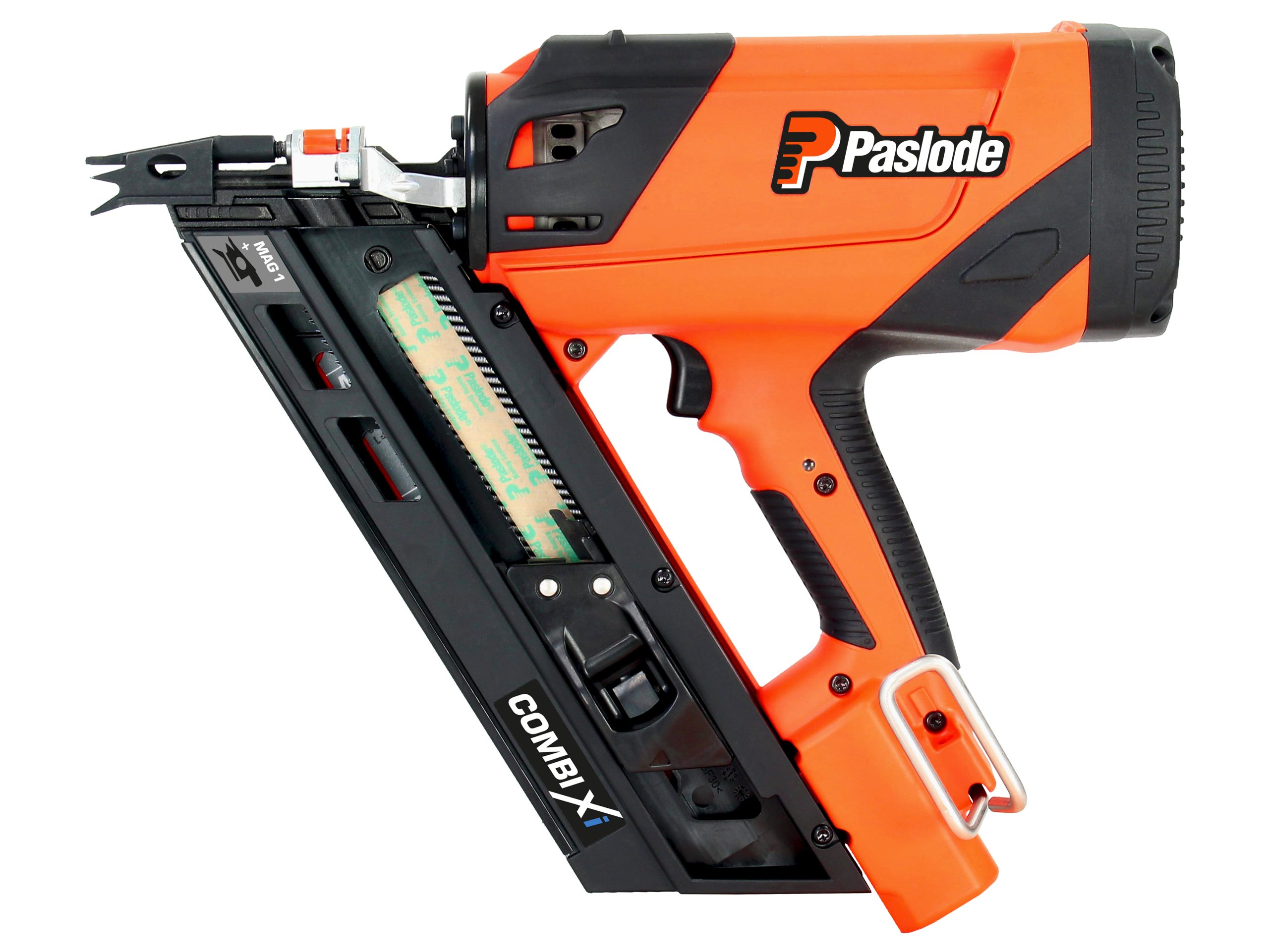 The orange and black Paslode Combi Xi One Tool Complete System with a visible nail magazine and ergonomic handle in side profile.