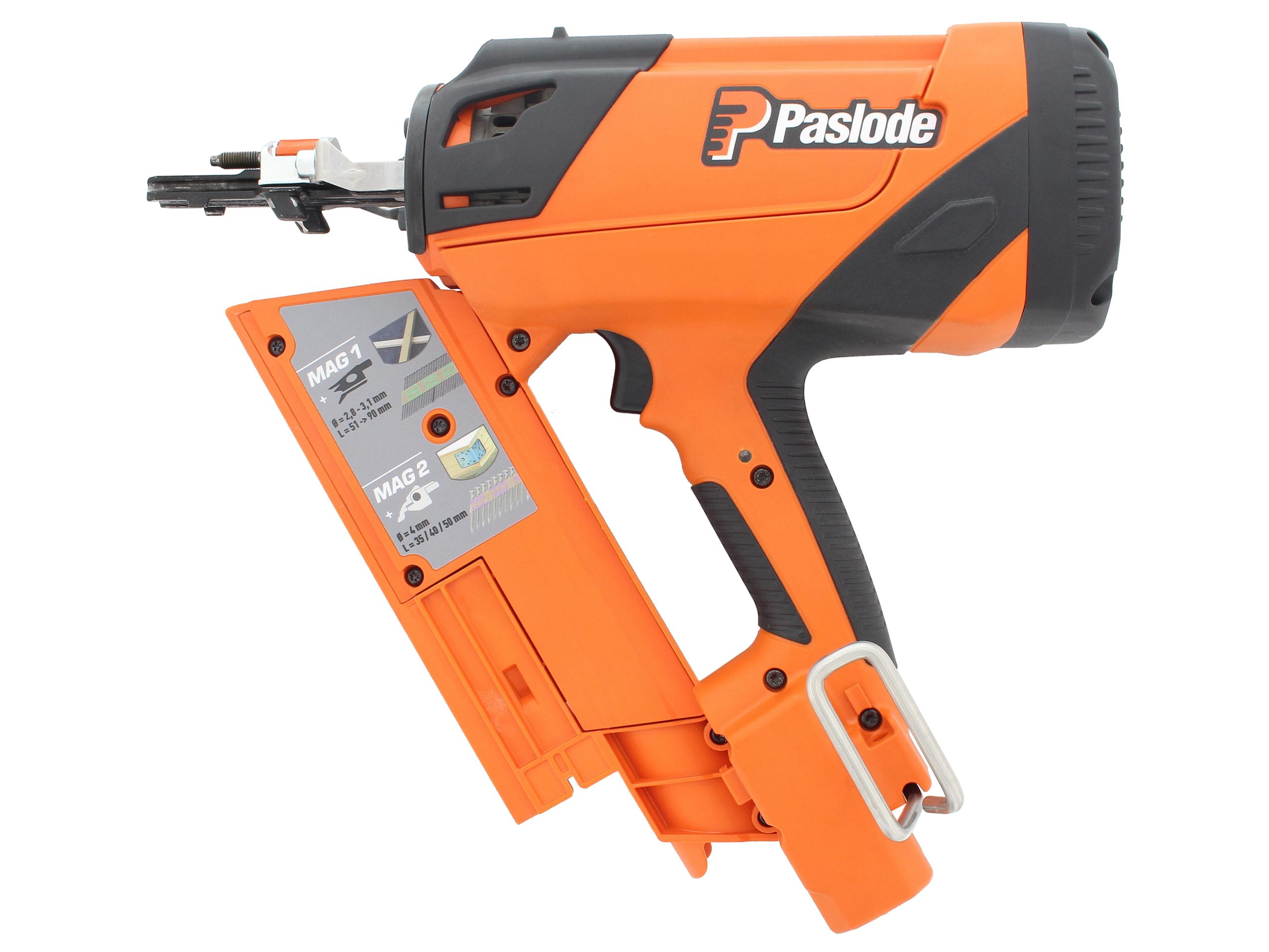 The orange and black Paslode Combi Xi One Tool Complete System features a silver belt hook and a partially loaded nail magazine.