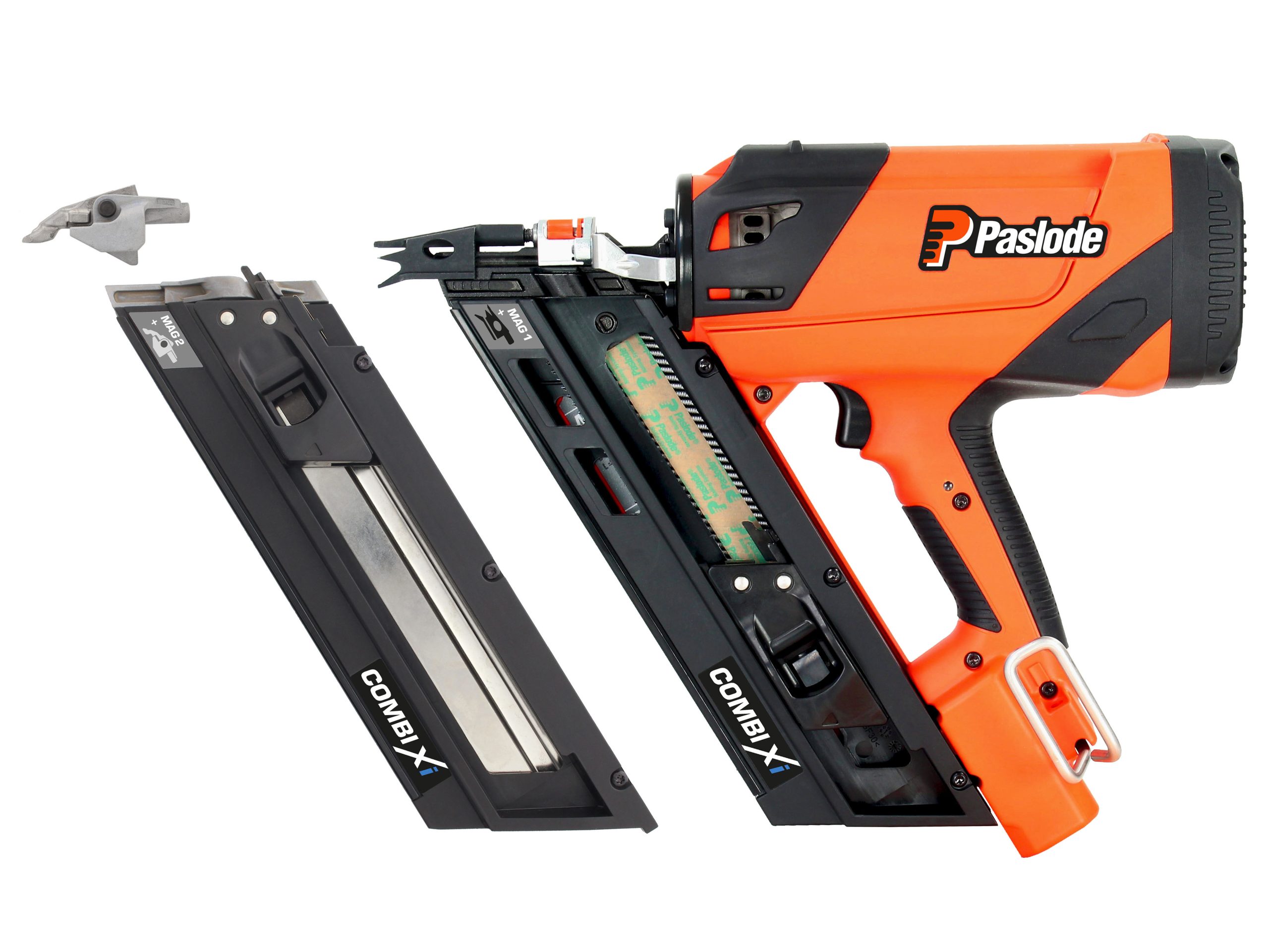 The Paslode Combi Xi One Tool Complete System is displayed with its magazine and parts separated, exposing internal mechanisms on white.