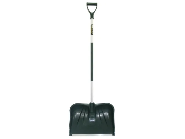 A black snow shovel with a wide, curved plastic blade and a long metallic handle topped with a D-shaped grip.