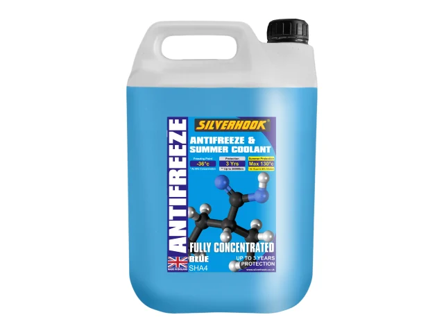 A 5-liter container of Silverhook Antifreeze & Summer Coolant, blue liquid, black cap, label shows up to 5 years protection.