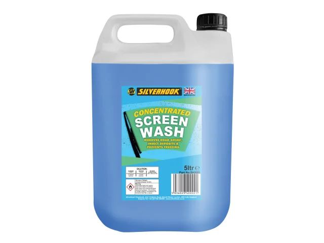 A 5-liter Silverhook Concentrated Screen Wash container with a black cap and a blue-green label showing the UK flag and product info.