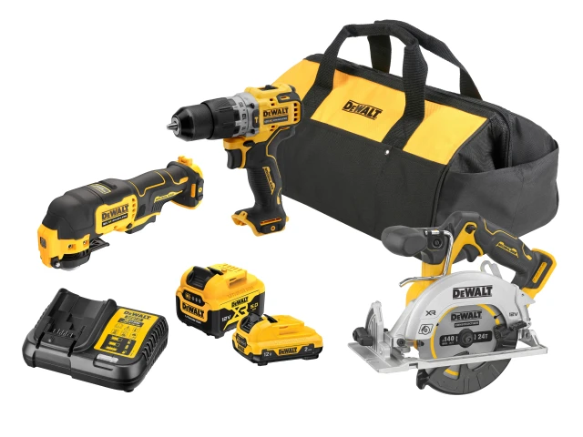 The DeWalt DCK318PD XR Brushless Kit 12V features a drill, multi-tool, circular saw, charger, two batteries, and a carrying bag.