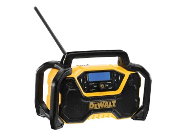 A yellow and black DEWALT portable radio with digital display, control buttons, speaker, protective frame, antenna, and tool storage.