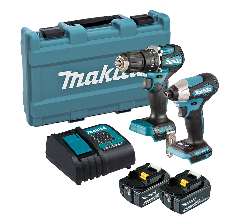Makita DLX2414ST 2 Piece Brushless Combo Kit LXT® with drill, impact driver, two batteries, charger, and blue case on white background.