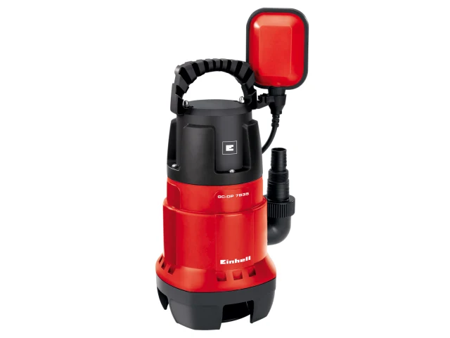 A red and black submersible water pump with a handle, power switch, and float switch attached by a cable.