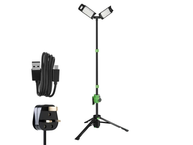 A black and green adjustable tripod stand with two rectangular LED lights, USB charging cable, and UK plug adapter on white background.