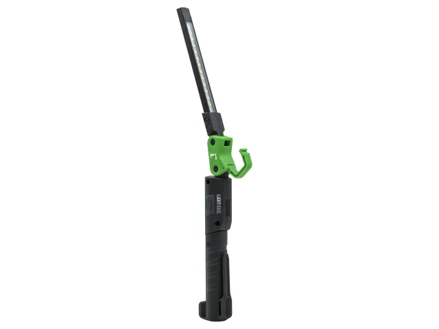 A black handheld LED work light with a slim rectangular light panel, a green adjustable hook, and a pivoting arm for positioning.