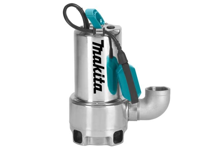 A silver and blue Makita submersible water pump with a black cable and a large side outlet on its metal body.
