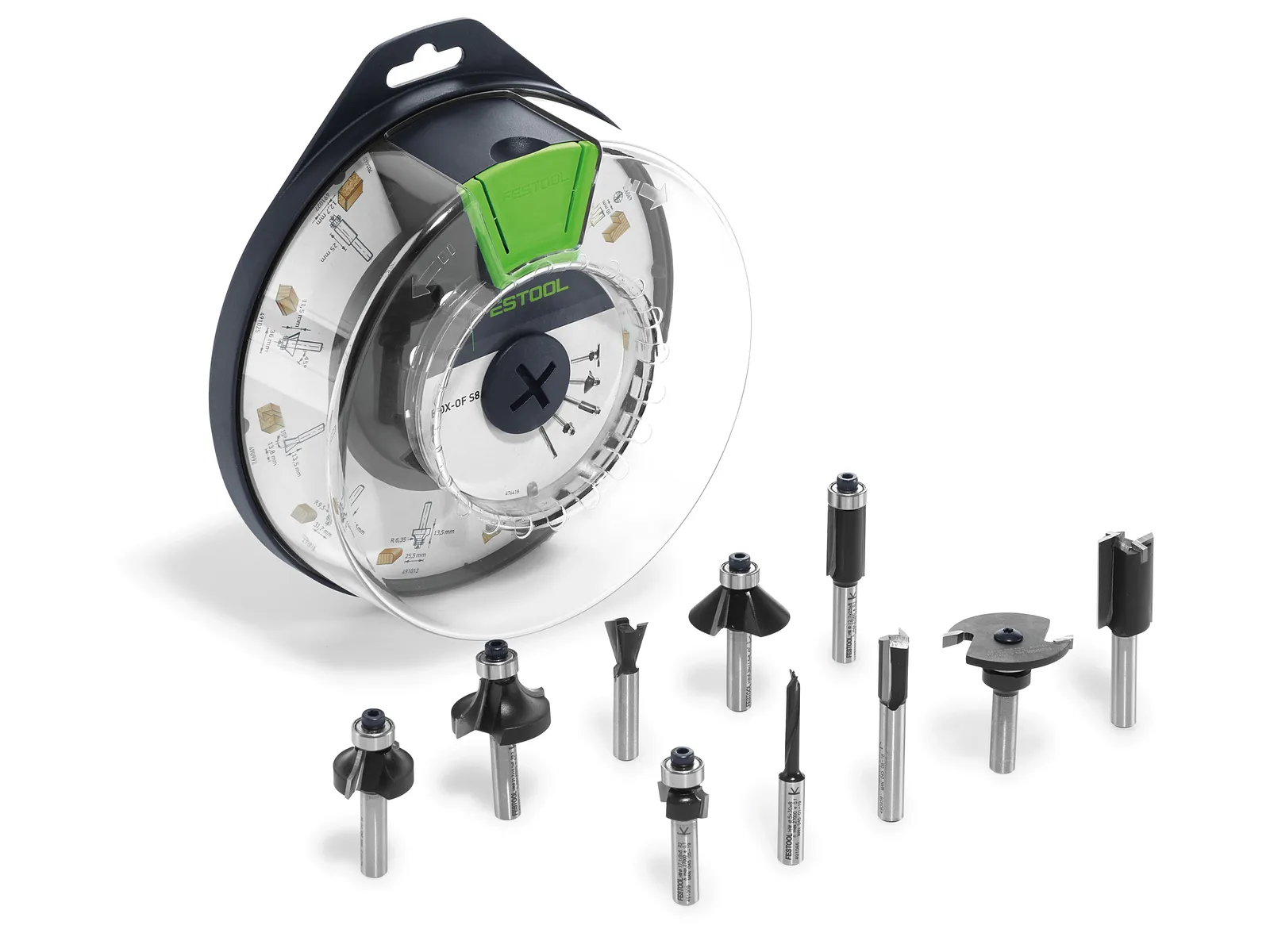 The Festool Box-OF HW S8 Mix Router bit box has a round, clear lid with a green latch and holds ten metal router bits with diagram labels.