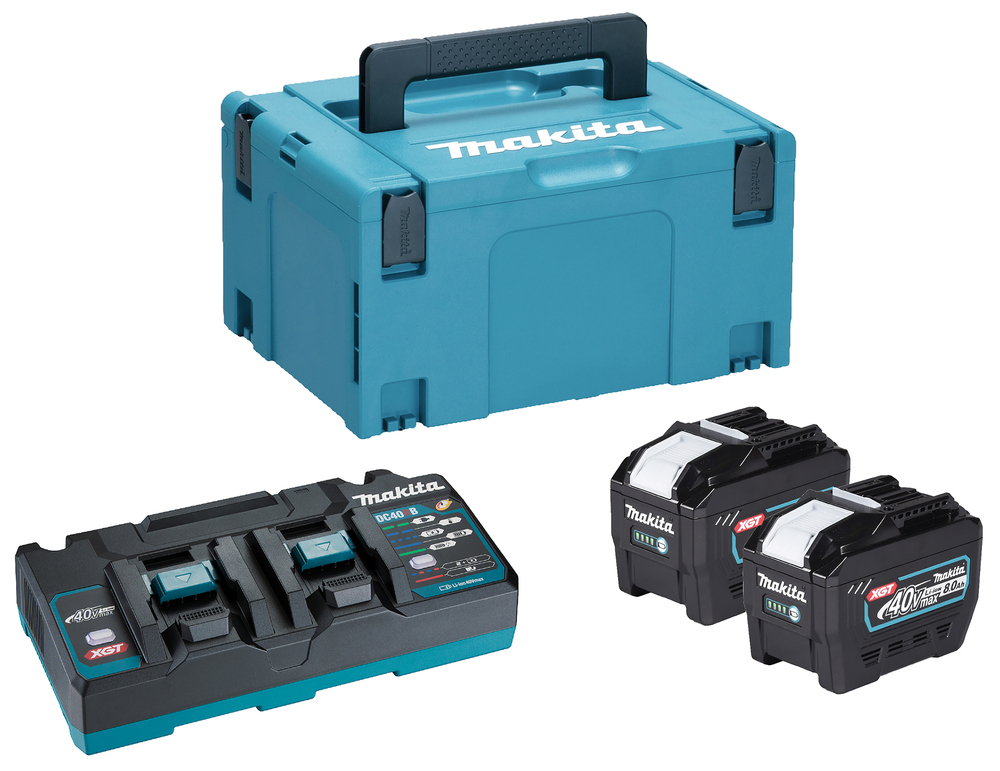 A blue Makita carrying case, a dual battery charger, and two rechargeable batteries are arranged on a white background.