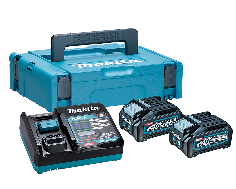 A blue Makita carrying case, a Makita battery charger, and two 40V rechargeable batteries sit on a white background.