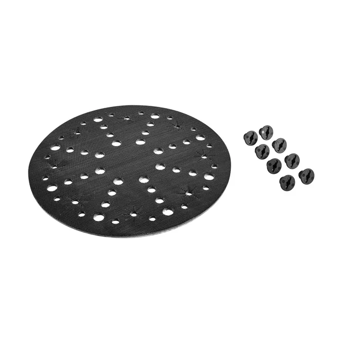 A round black sanding disc with multiple holes and eight fastener attachments is shown on a white background.