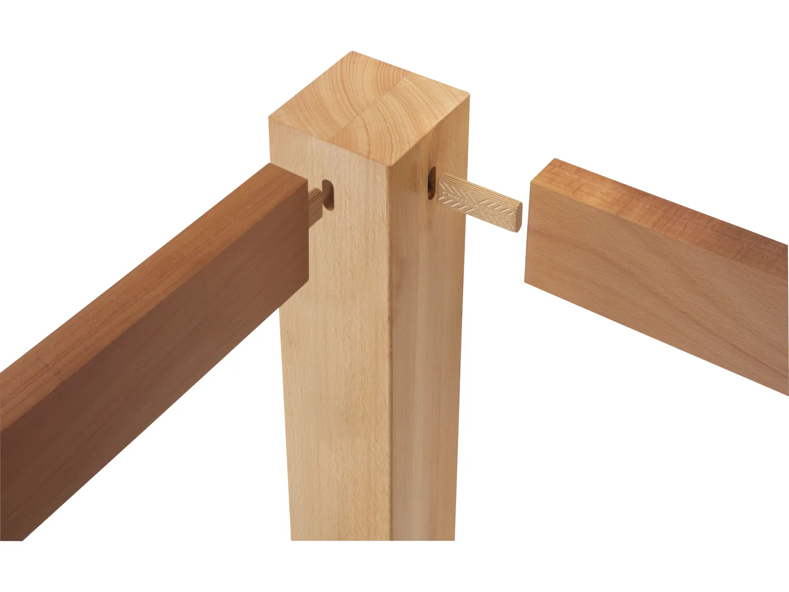 A close-up of a wooden joint with two beams joined to a central post using mortise and tenon and a wooden peg, all light-colored wood.