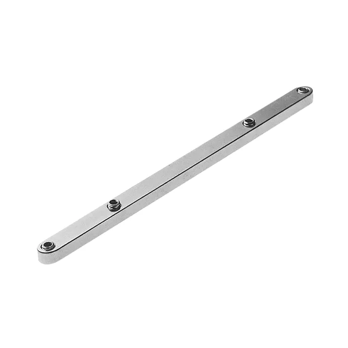 A slim, metallic bar with rounded edges and four evenly spaced screws, designed as a splinter guard, on a white background.