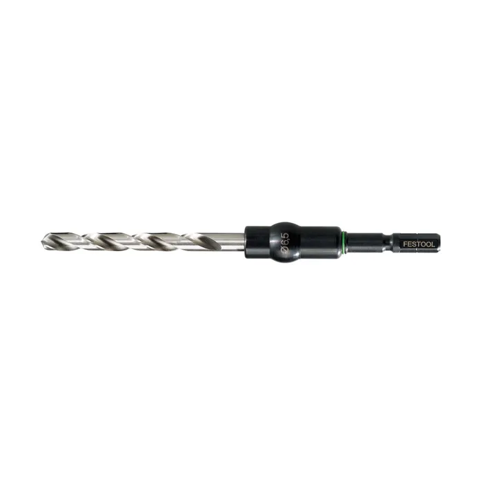 A metal Festool spiral drill bit with a black detachable shank lies horizontally on a white background beside the Hoodie HO-FT2 XXL.