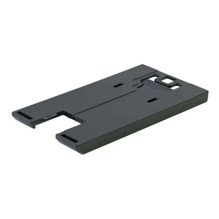 A black rectangular plastic stand with grooves, slots, and a cut-out section, designed to support items like the Hoodie HO-FT2 XXL.