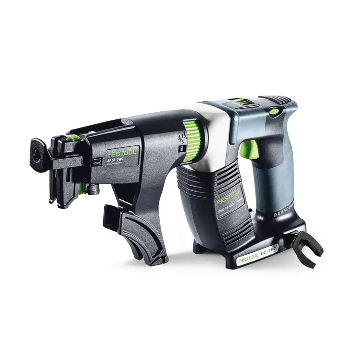 A premium Festool cordless electric screw gun in black and green with ergonomic handle, automatic feed magazine, and disc compatibility.