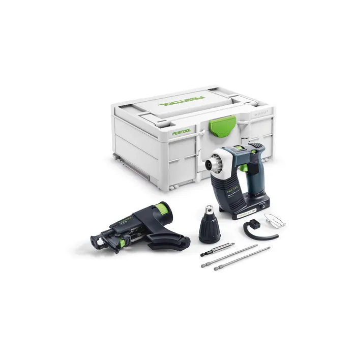 A Festool cordless drill set with attachments, drill bits, and diamond disc displayed in front of a white carrying case.