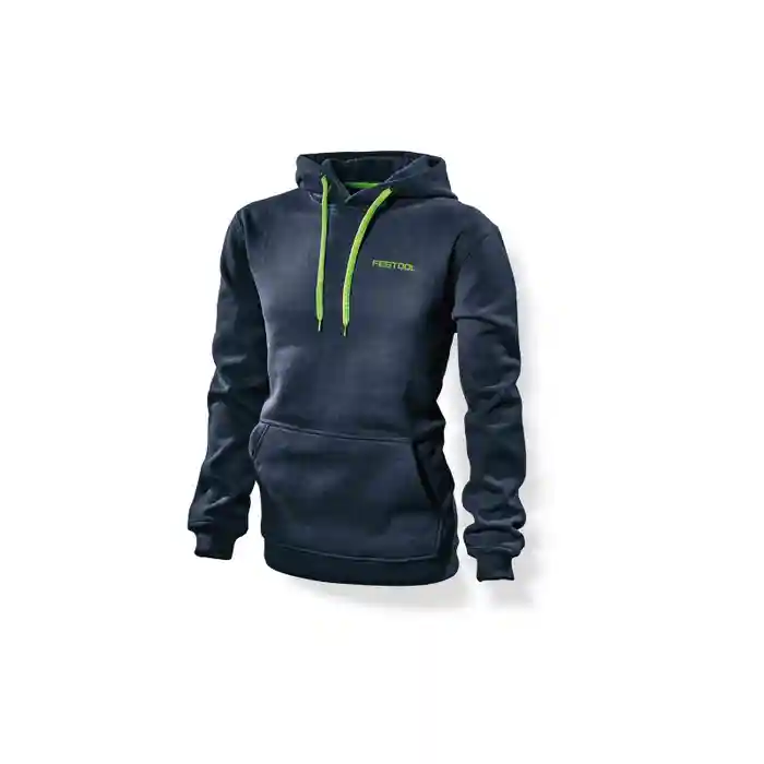 The Hoodie HO-FT2 XXL is navy blue with bright green drawstrings, a small FESTOOL logo on the chest, and a front pocket.