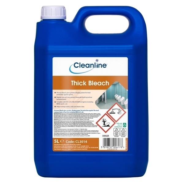 A 5 Litre blue bleach container (7.5%) with white cap and label showing instructions, hazard symbols, and clean toilets image.