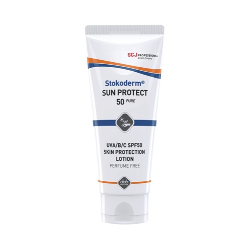 A white 100ML tube of SPC Sun Protect lotion with blue and orange accents, SPF 50 UVA/B/C. Box contains 6 tubes per case.