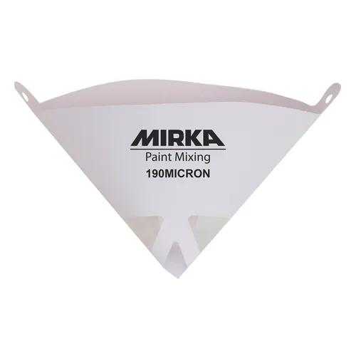 A white, cone-shaped paint strainer with two tabs on the top edges and a mesh filter at the tip.