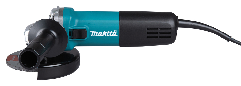 A blue and black Makita angle grinder with a side handle and power cord resting on a plain white background.