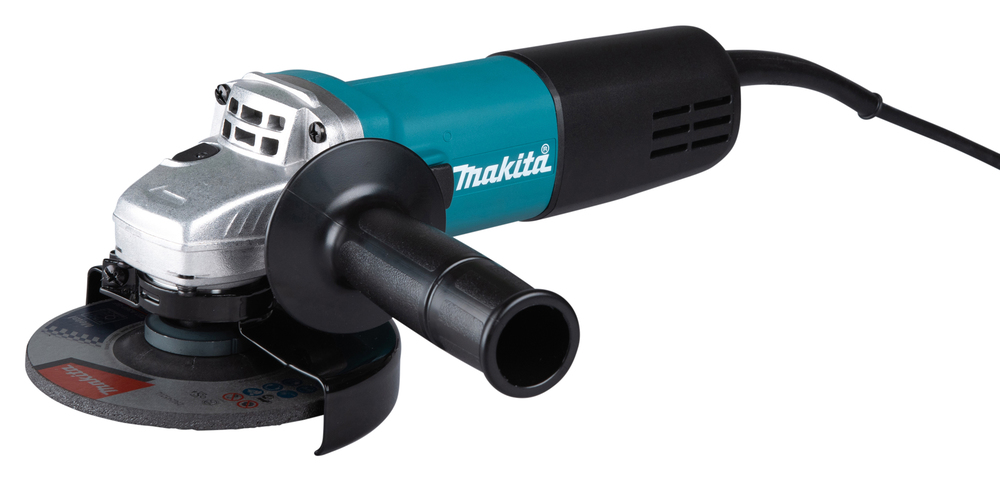 A blue and black Makita angle grinder with a side handle and abrasive disc on a white background, power cord extending from rear.