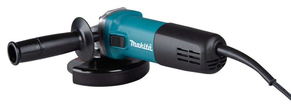 A Makita angle grinder with a teal body, black handle, and black power cord, lying on its side against a white background.