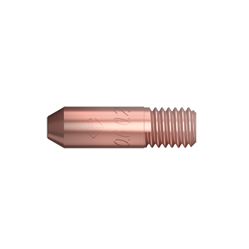 A close-up of the MB14 Contact Tip 0.8mm M6, a copper-toned, cylindrical metal tip with threads and a pointed end on a black background.