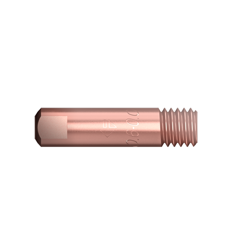 A close-up of an MB15 Contact Tip 0.6mm m6 with a copper finish, m6 threads, and a smooth flat tip, on a black background.