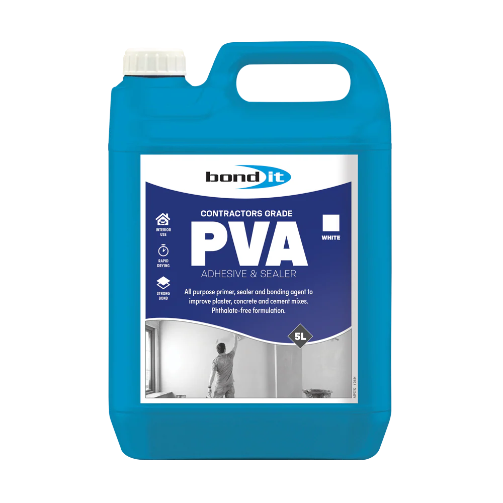 A 5 litre blue Bond It Contractors PVA Adhesive & Sealer with a white cap, labeled and showing a person applying PVA to a wall.