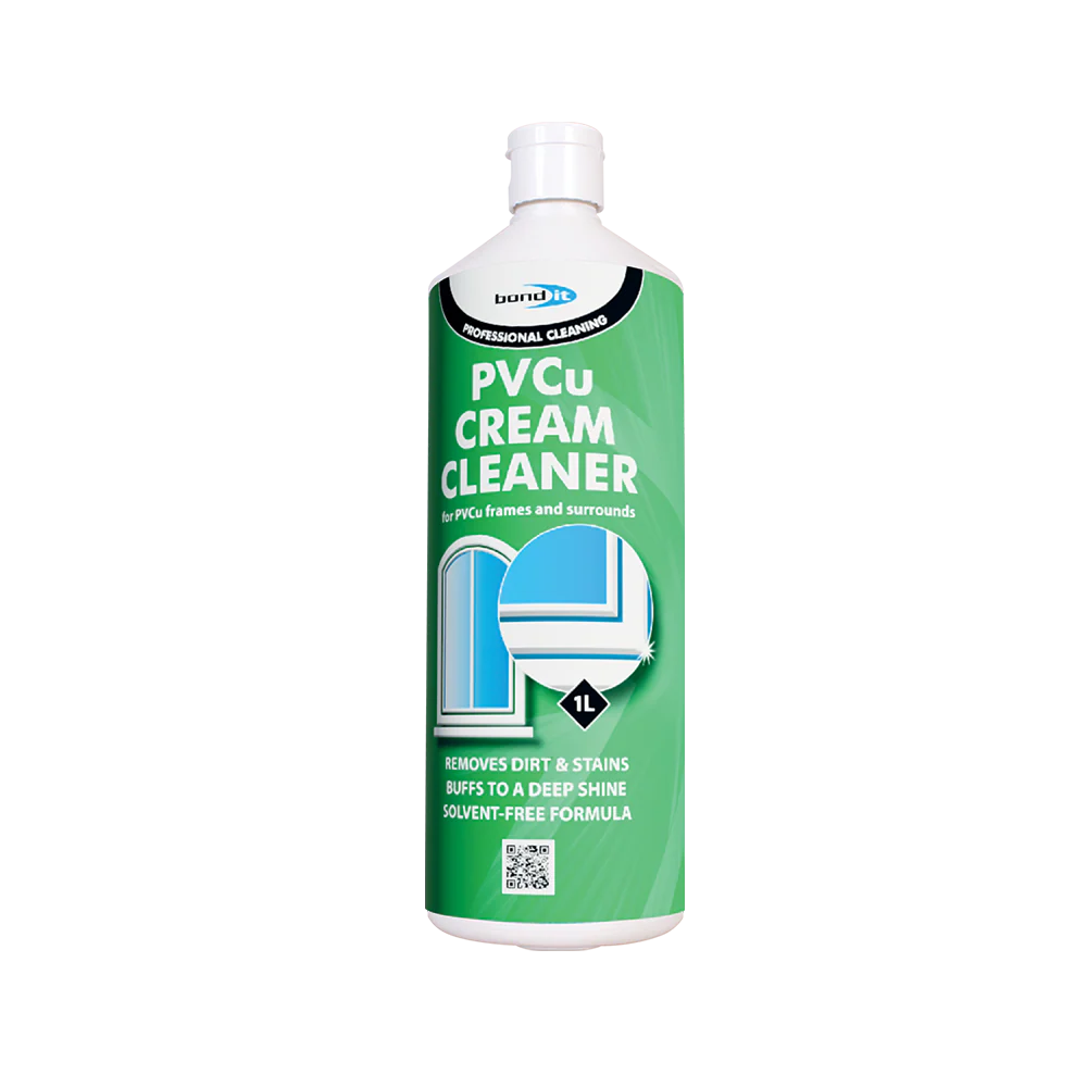Bond It Cream Cleaner in a green and white bottle cleans PVC frames with a solvent-free formula. Also sold in a box of 12.