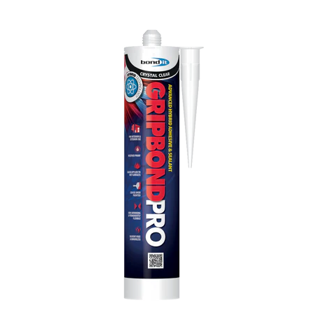 A tube of Gripbond Pro Hybrid High Tack Sealant and Adhesive with a white nozzle, blue and red labeling, and usage icons.