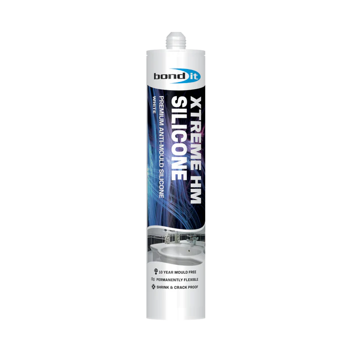 A box of xtreme white silicone sealant, 12 per pack, in blue and white packaging, offering long-lasting mould protection.