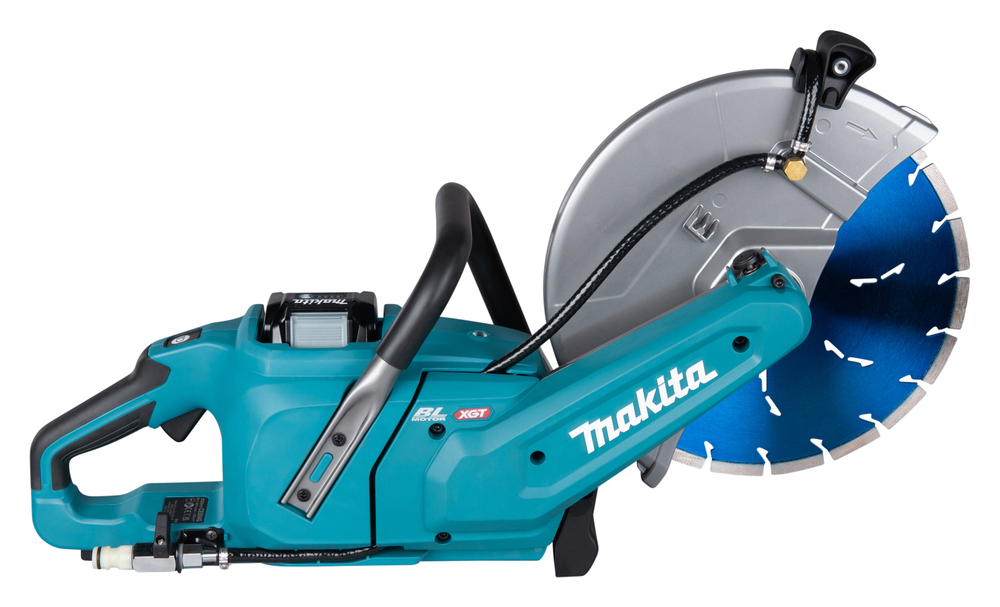 A teal and black Makita power saw with a large blue and silver blade, top handle, trigger, and a visible water hose on the side.