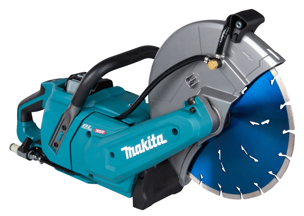 A teal Makita power saw with a large blue circular blade and black handle, designed for heavy-duty cutting tasks.