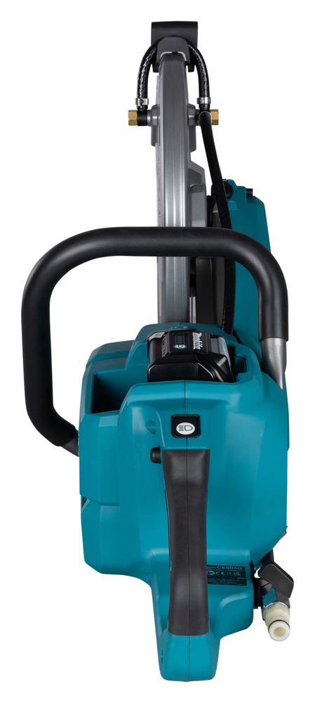 A top-down view of a teal and black circular saw displays the handle, guard, blade housing, power switch, and control features.