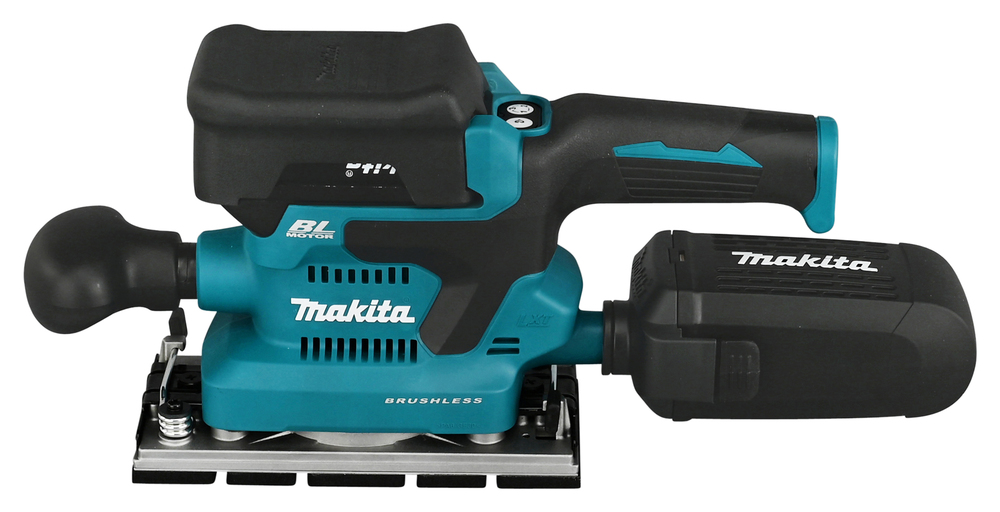 A Makita electric sander featuring a black and teal body, ergonomic handle, front grip, dust collection bag, and rectangular sanding pad.