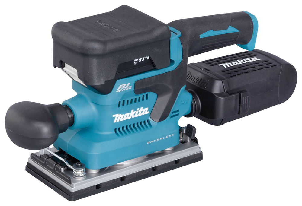 A blue and black Makita cordless power sander with a rectangular sanding base and dust collection attachment on a white background.