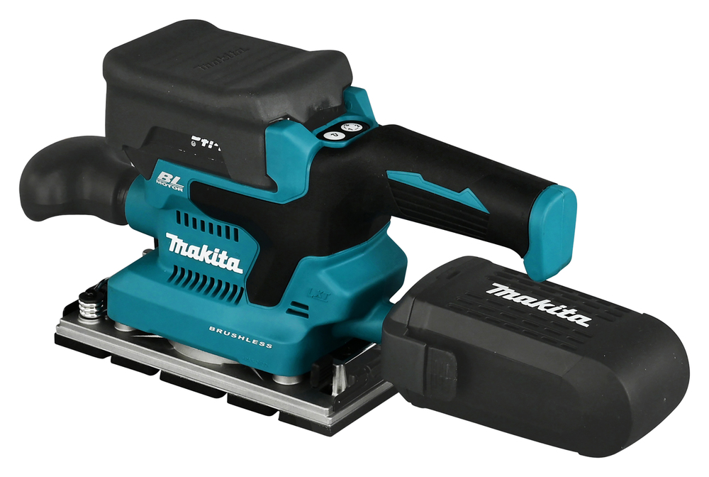 A teal and black Makita electric sander featuring a dust collection bag and ergonomic handle, displayed on a white background.