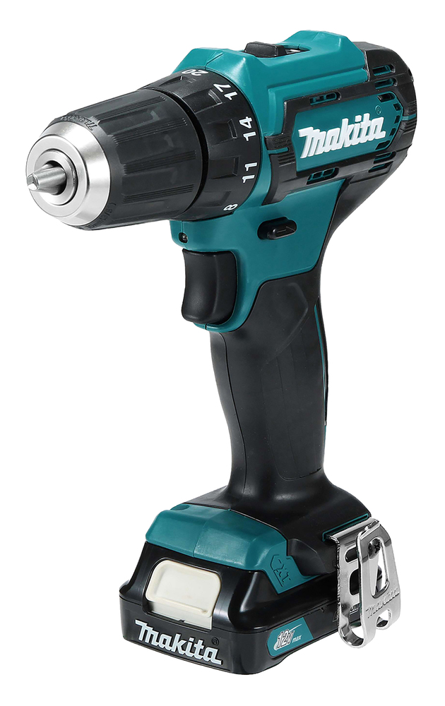 A teal and black Makita cordless power drill with a metal belt clip, trigger, and battery pack, standing upright on a white background.