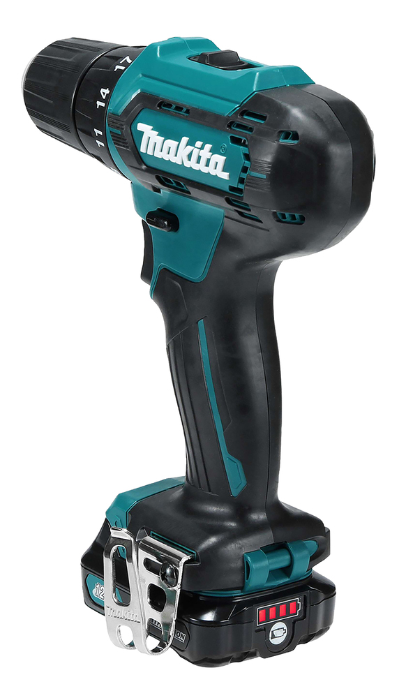 A teal and black Makita cordless power drill with a battery pack, silver belt clip, and visible adjustment settings on the head.