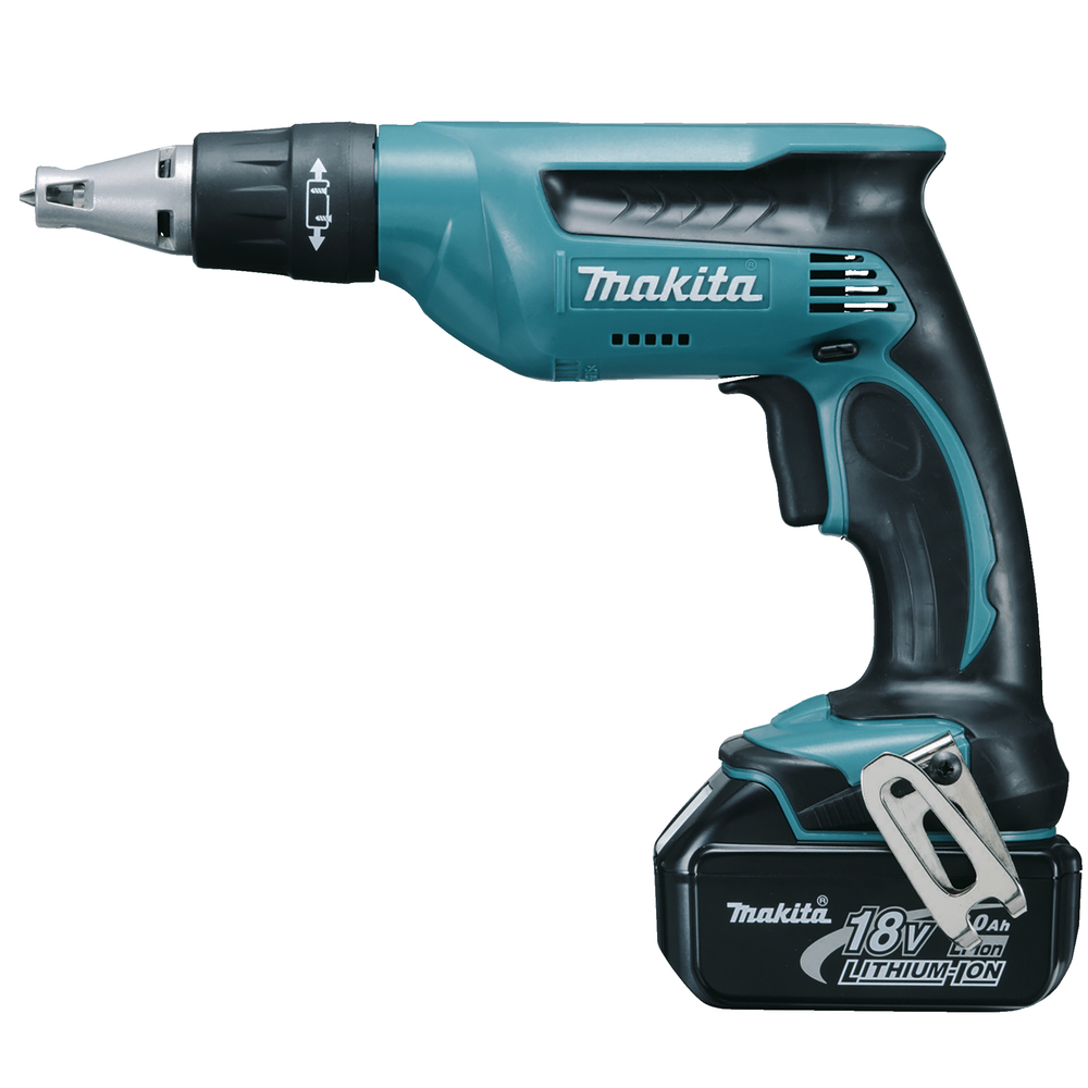 A Makita cordless power screwdriver with 18V lithium-ion battery, black and teal design, ergonomic grip, and belt clip attachment.