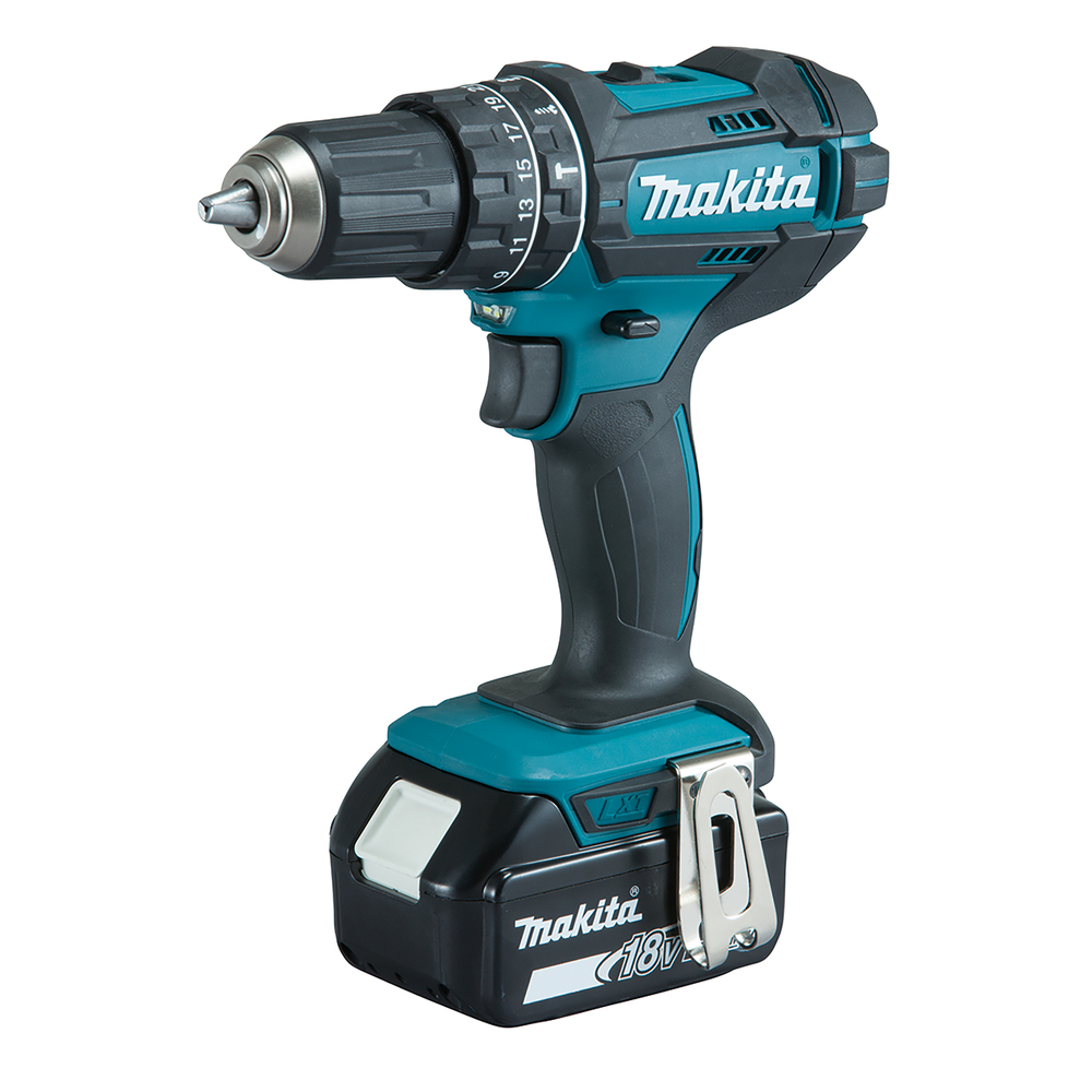 A cordless Makita power drill with a black and teal body, silver chuck, and an 18V battery at the base, standing upright on white.
