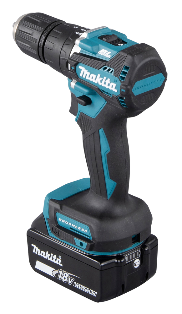 A teal and black Makita cordless power drill with an 18V lithium-ion battery attached, standing upright at an angle.