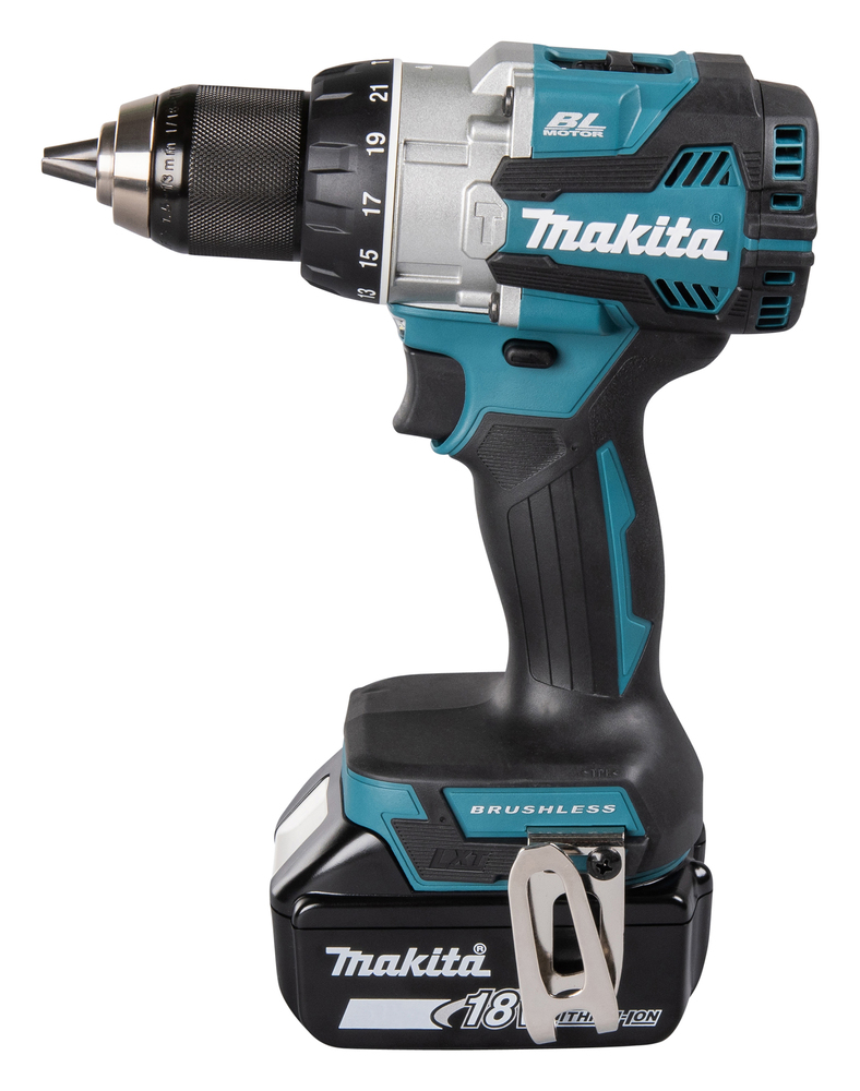A Makita 18V cordless brushless power drill featuring a black and teal handle, adjustable chuck, and rechargeable battery pack.