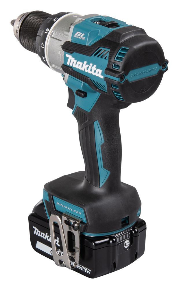 A blue and black Makita cordless power drill with a metal belt clip, battery pack, and brushless motor, standing upright on white.