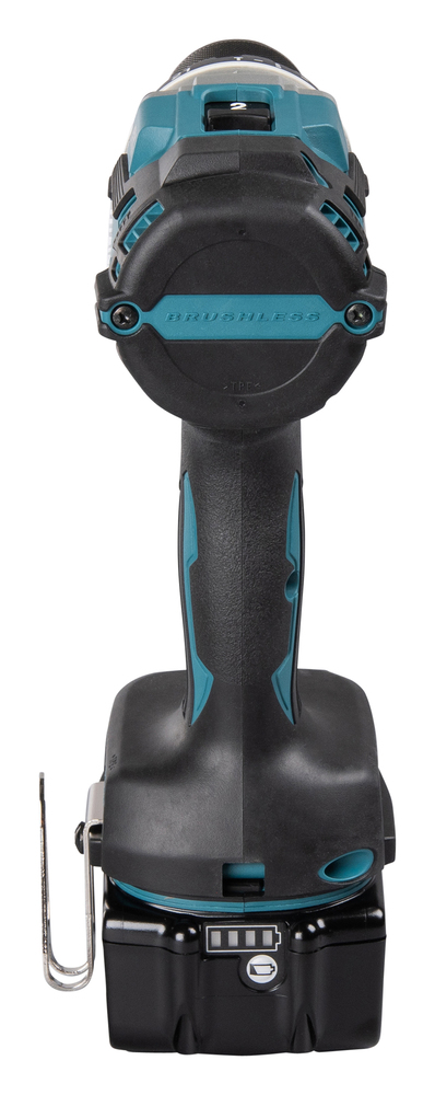 A cordless power drill viewed from the back, featuring a black and teal design, battery pack at the base, and metal belt clip on the left.